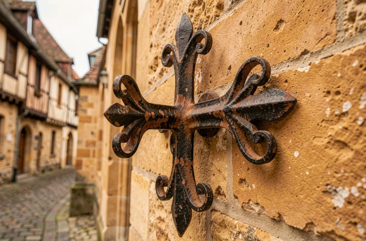 Détail d'une Croix de Lorraine en fer forgé ancienne sur la façade d'une église médiévale française, patine et texture authentique du métal rouillé