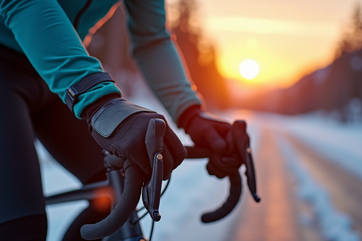 Cycliste mettant des gants chauffants Ekoi au lever du soleil en montagne