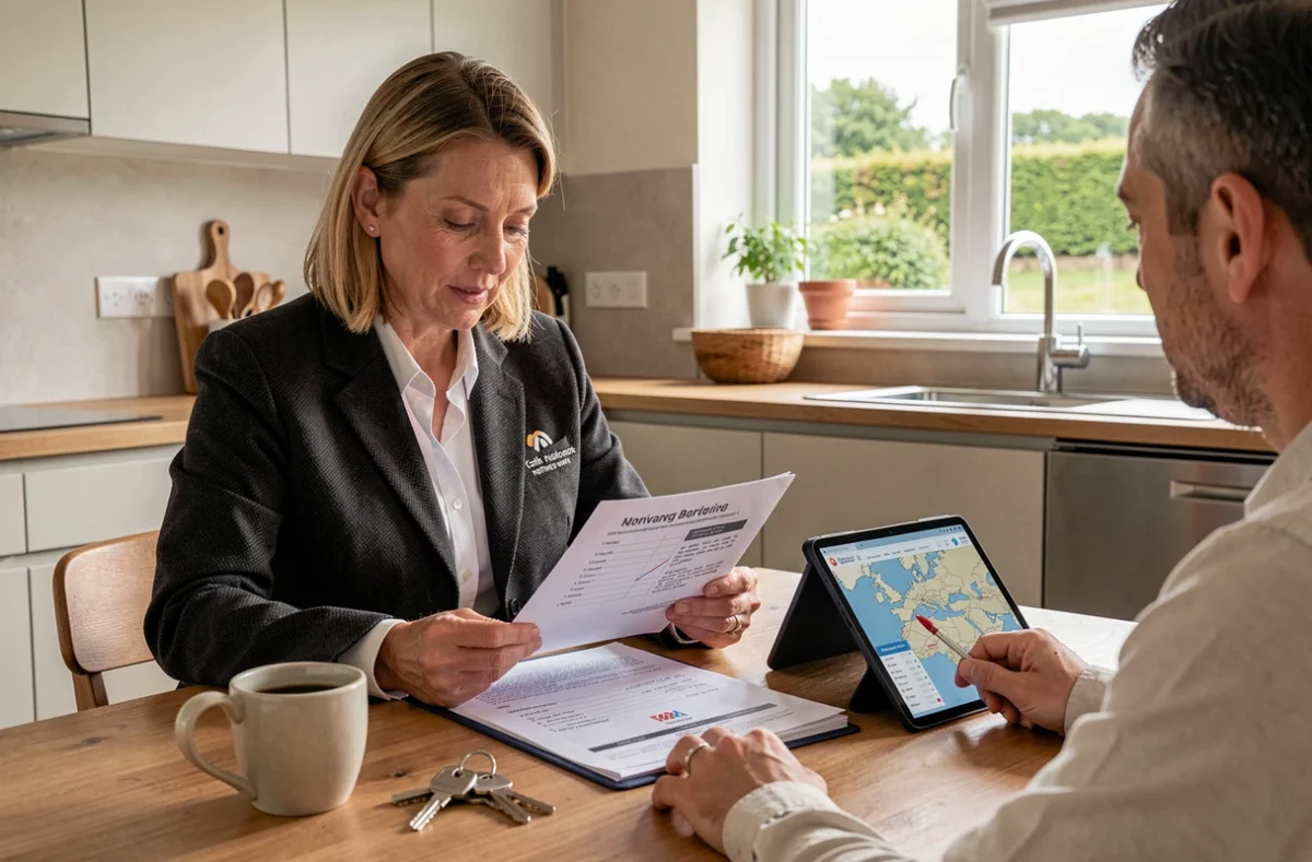Conseillère Demeco présentant un plan de déménagement national à un couple dans une maison moderne en Normandie avec carte de couverture nationale visible