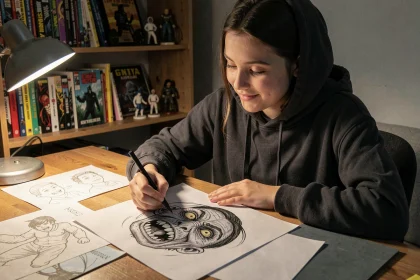 Adolescente dessinant un personnage d'horreur effrayant à l'encre de Chine sur une feuille de papier, assise à un bureau en bois entouré de bandes dessinées d'horreur
