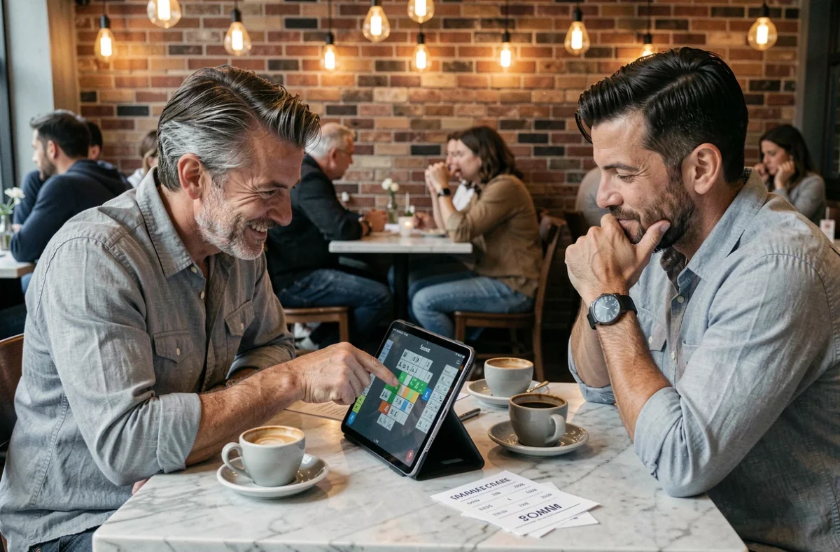 Deux hommes jouant à Scrabble numérique sur tablette dans un café avec ambiance urbaine