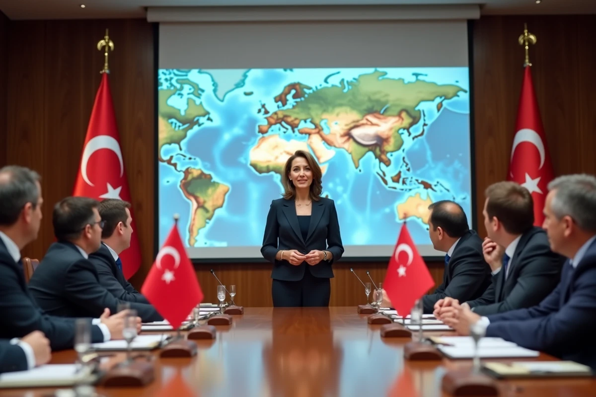 Réunion diplomatique internationale avec le drapeau turc au premier plan et une carte eurasiatique projetée illustrant la position géostratégique de la Turquie en 2026