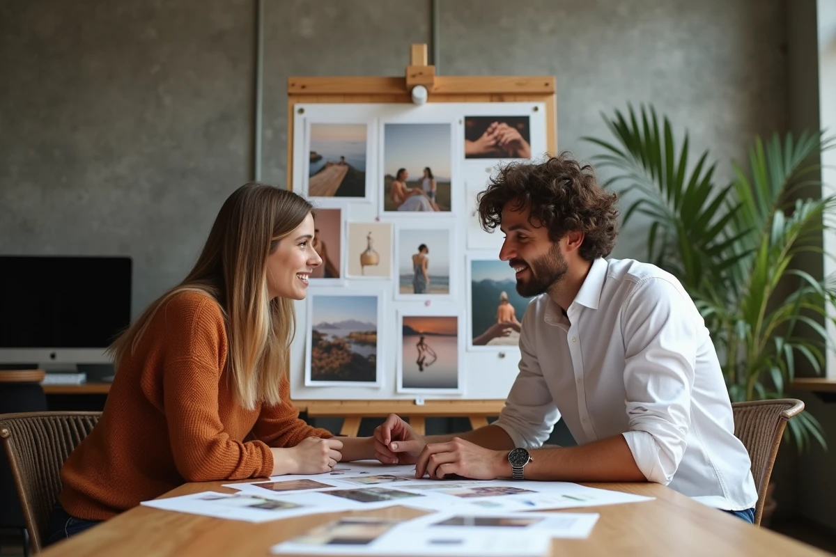 Duo créatif collaborant autour d'un moodboard inspiré d'une référence lifestyle en ligne dans un studio de création