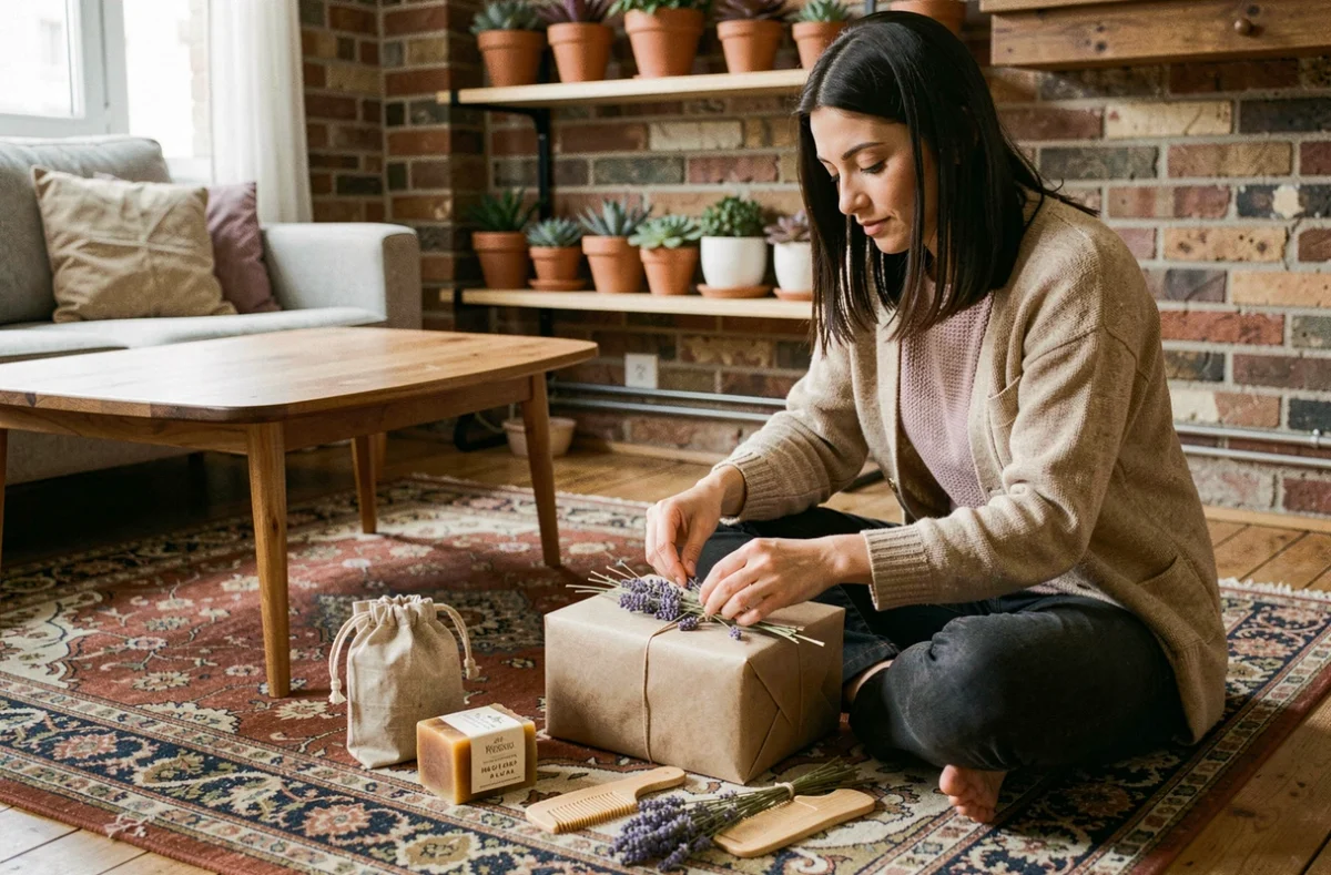 Jeune femme enveloppant des cadeaux écologiques artisanaux à moins de 5 euros avec du papier kraft et de la lavande séchée dans un appartement minimaliste