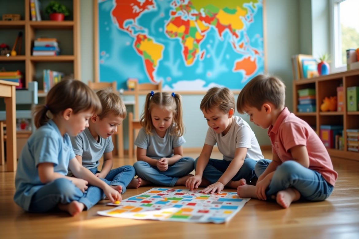 Groupe d'enfants jouant à un jeu dans une classe moderne