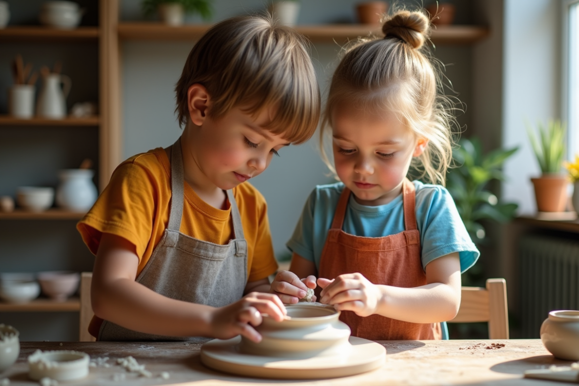 Deux enfants façonnent de l'argile sur un tour à la maison