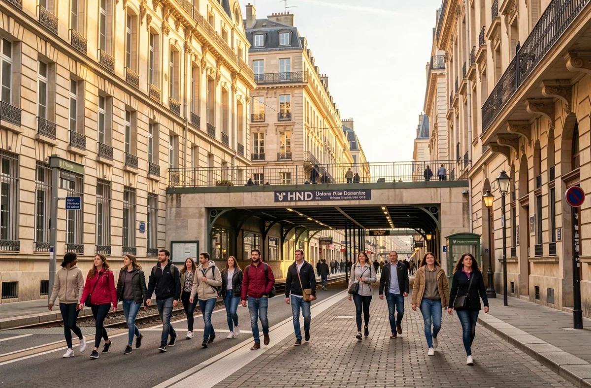 Entrée de métro près d'un campus avec des étudiants qui marchent