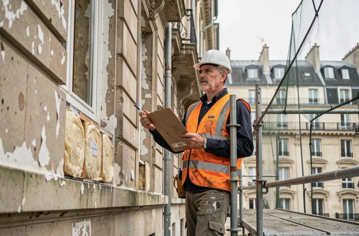 Entrepreneur en bâtiment inspectant la façade d'un immeuble en copropriété lors d'un grand chantier de rénovation urbaine