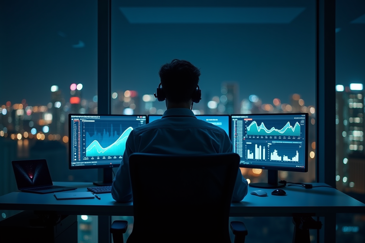 Entrepreneur innovant dans un espace minimaliste la nuit avec technologie futuriste