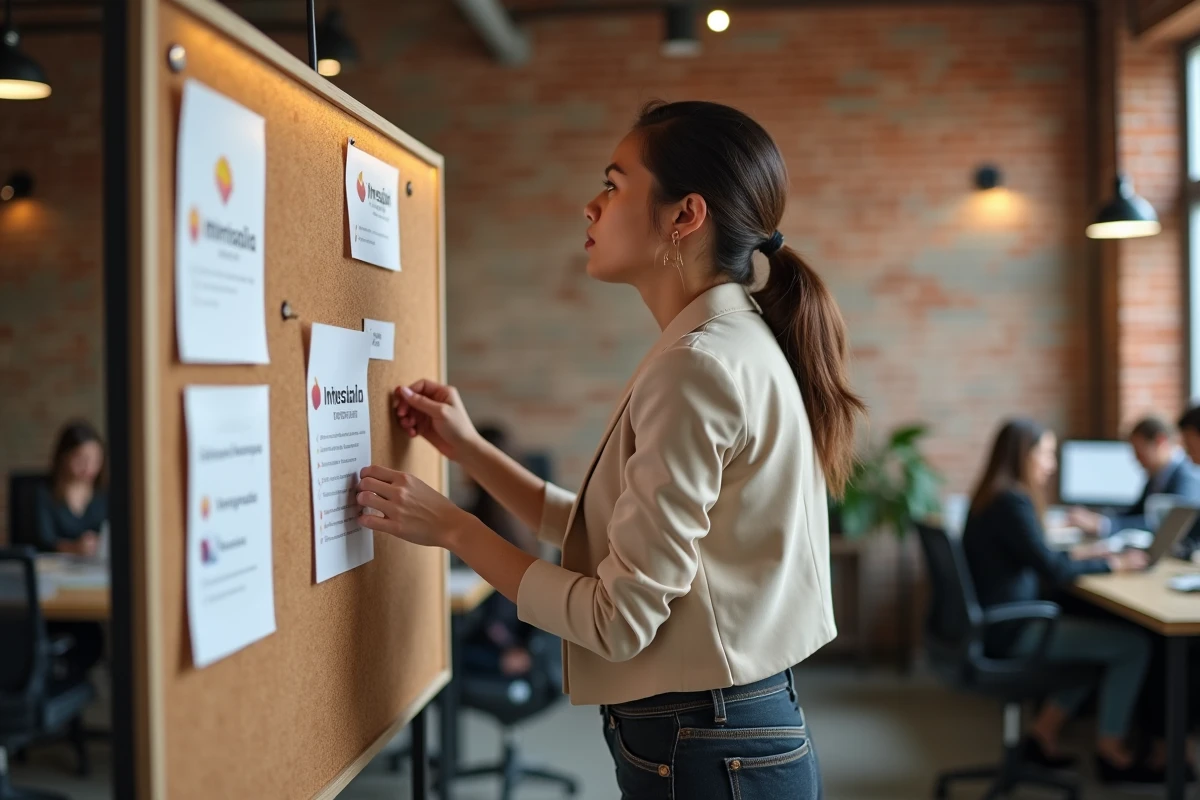 Jeune entrepreneuse affichant des variantes de nom de marque sur un tableau liège dans un espace de coworking, montrant le processus de construction d'une identité de carrière