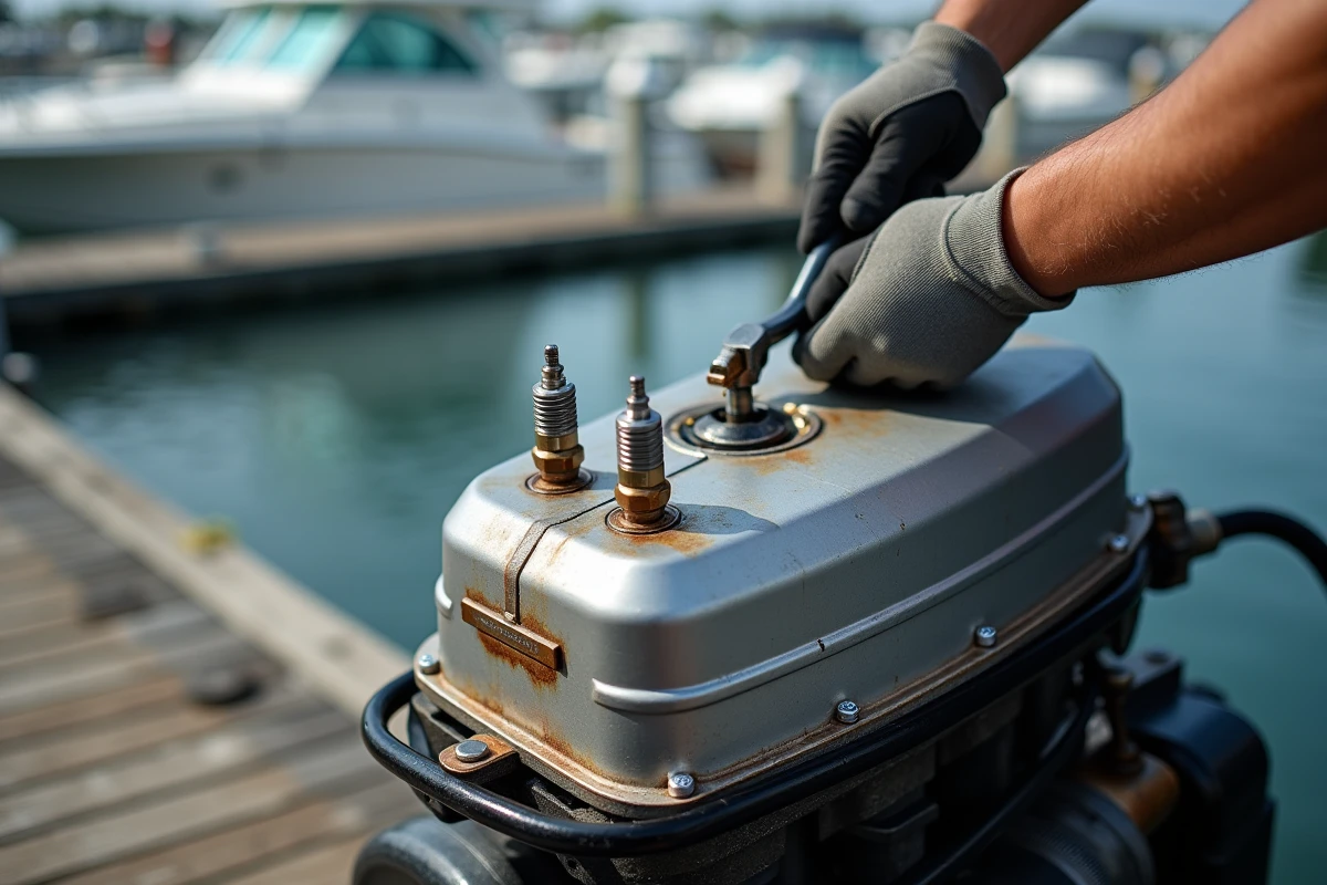 Mains de mécanicien serrant des bougies sur un moteur marin lors d'un entretien au port