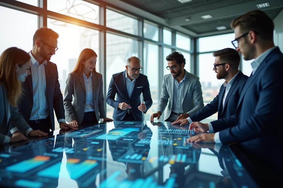 Groupe de professionnels collaborant autour d'une table digitale