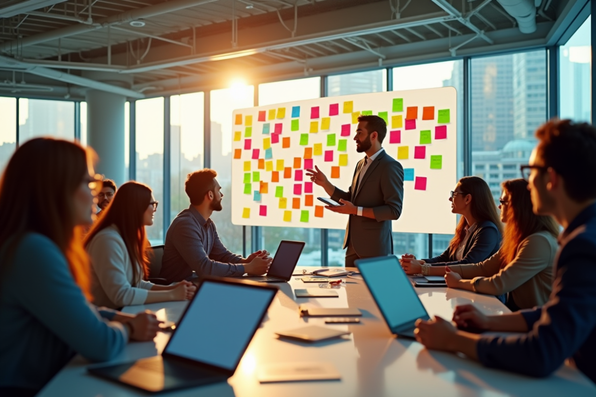 Équipe d'entrepreneurs créatifs en brainstorming dans un bureau moderne