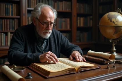 Vieil érudit examinant un livre ancien aux symboles mystérieux dans une bibliothèque personnelle