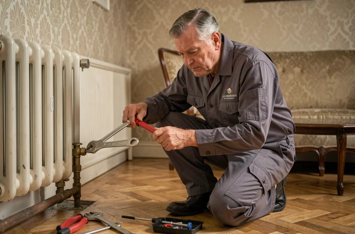 Plombier des Établissements Michon au Creusot remplaçant un robinet de radiateur dans une maison traditionnelle