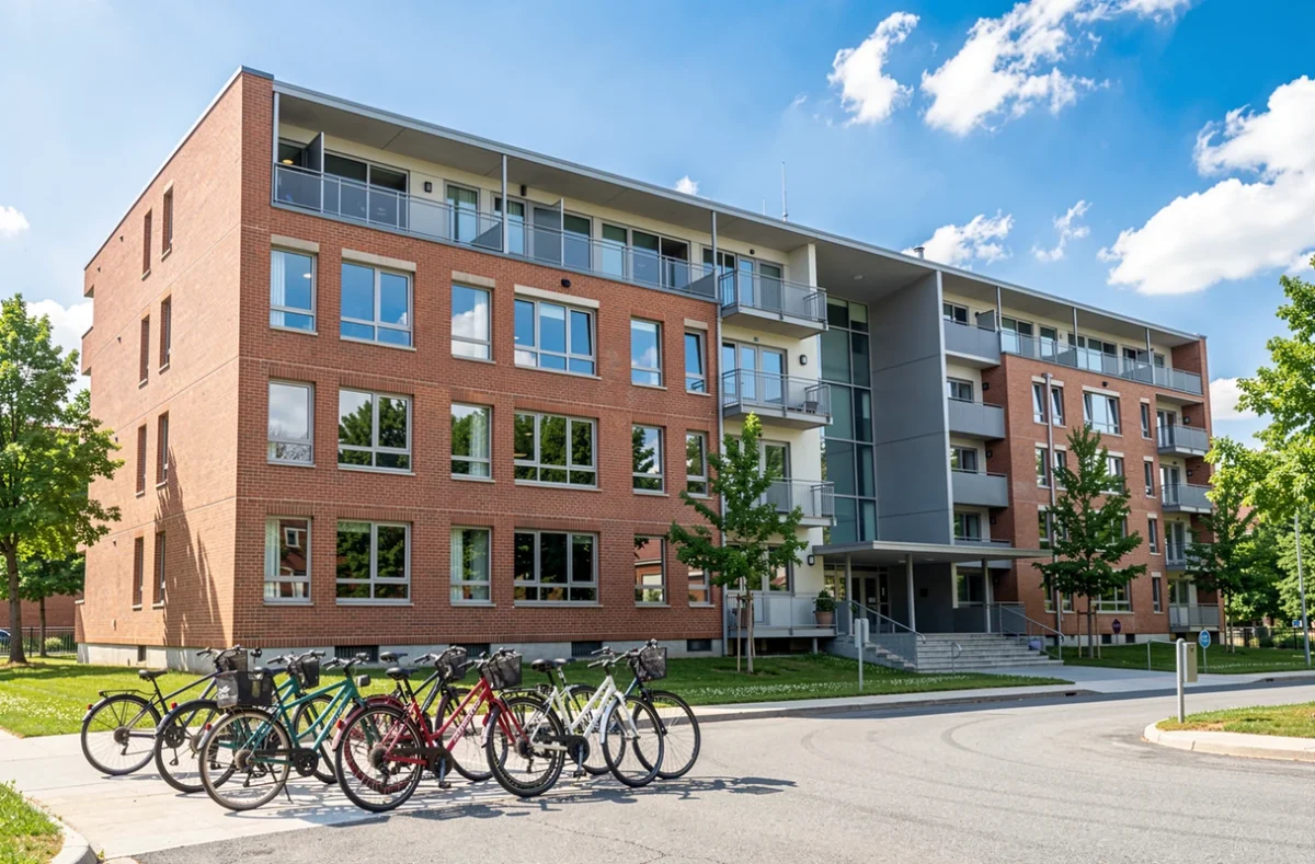 Façade d'une résidence universitaire avec des vélos garés devant