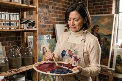 Artiste mélangeant des pigments rouge foncé et bleu pour obtenir la couleur bordeaux sur une palette en céramique dans un atelier de peinture