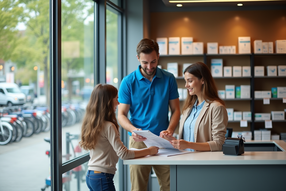 Famille avec enfant consulte brochure santé en pharmacie