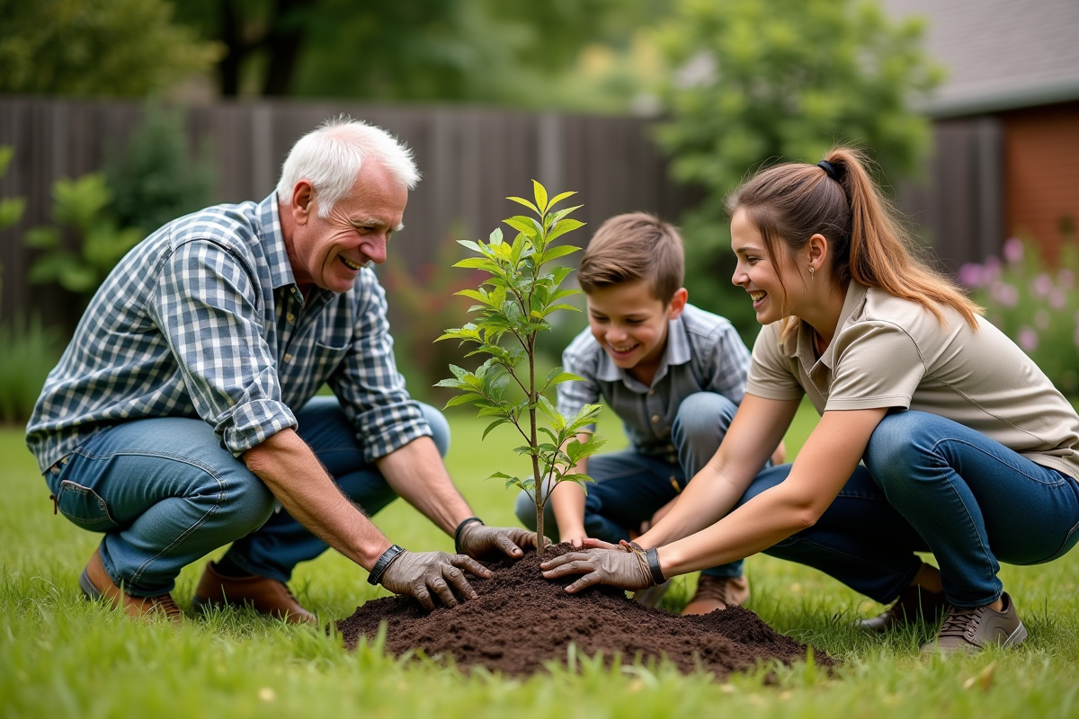 Famille multigeneration plantant un arbre dans le jardin