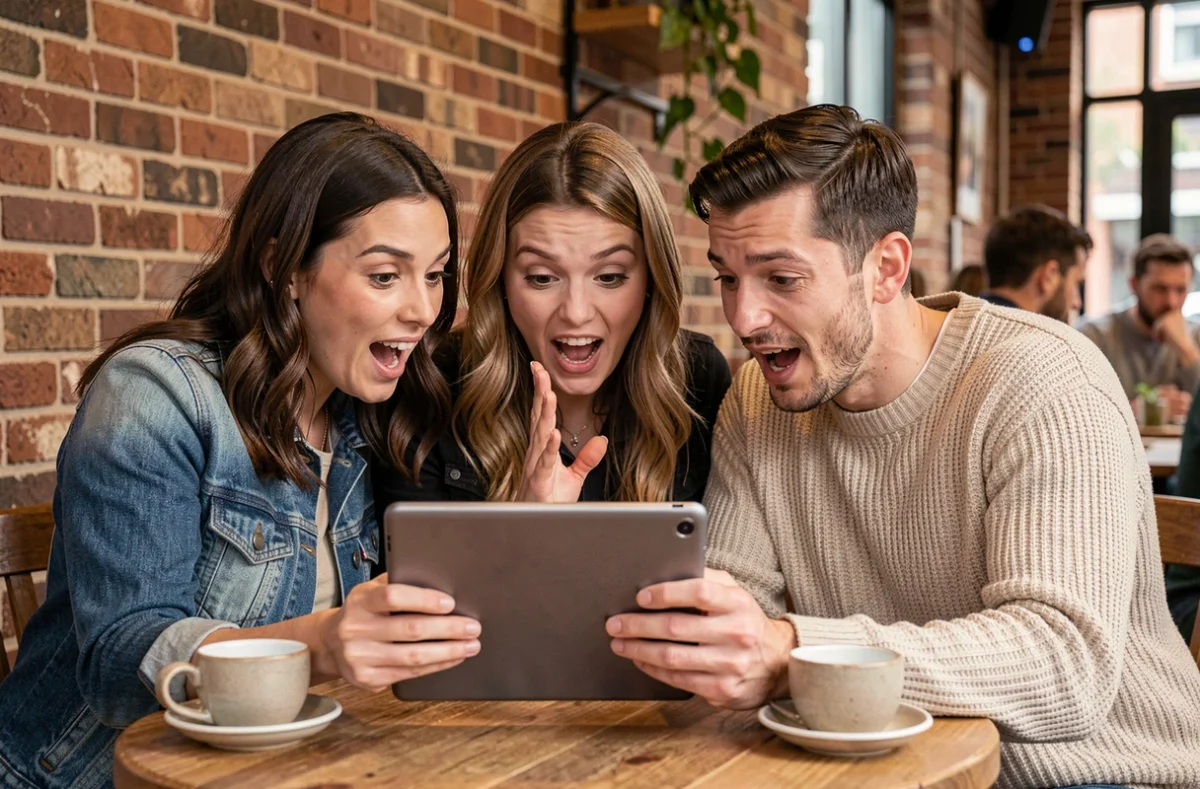 Groupe de fans de Pokémon réagissant avec enthousiasme à des leaks sur les nouvelles séries 2026 dans un café
