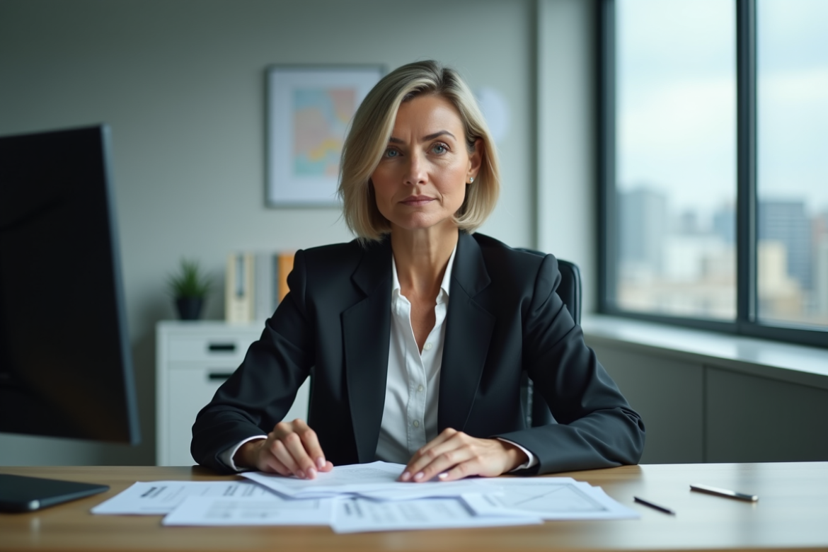 Femme d affaires en réunion lisant des documents
