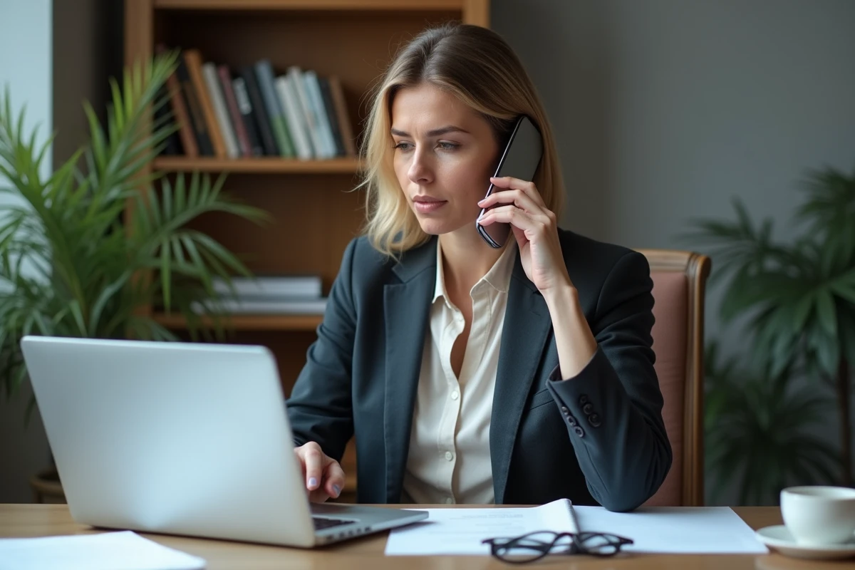 Femme d affaires au bureau avec smartphone et ordinateur