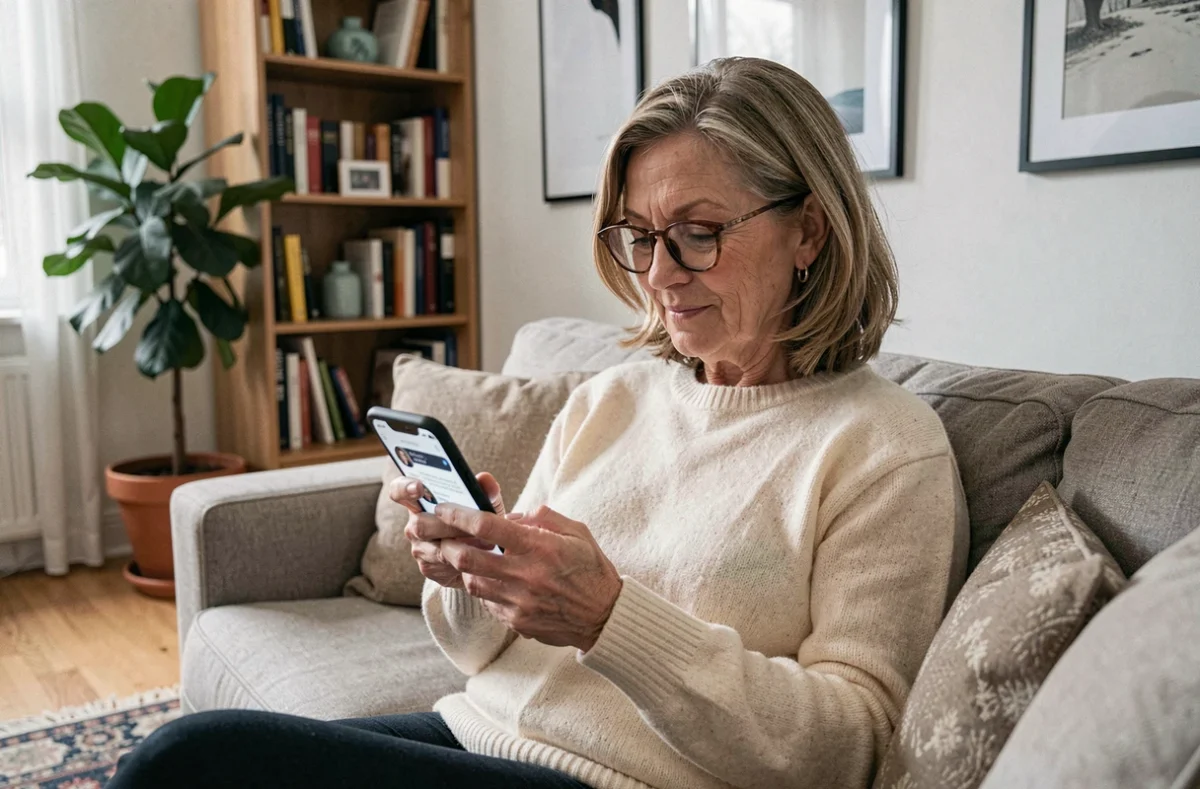 Femme d'âge mûr en train de chatter sur une application mobile depuis son salon