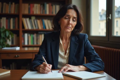 Femme élégante dans un appartement parisien avec vue sur les toits haussmanniens, assise à un bureau en bois et consultant des notes manuscrites