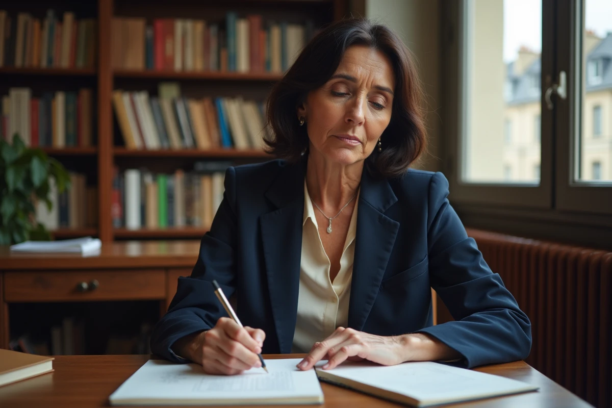 Femme élégante dans un appartement parisien avec vue sur les toits haussmanniens, assise à un bureau en bois et consultant des notes manuscrites