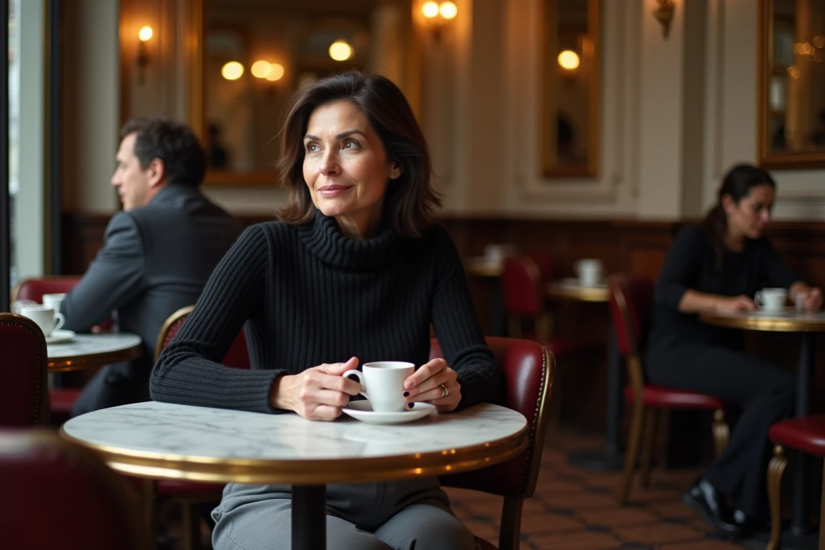 Femme assise dans une brasserie parisienne classique tenant une tasse d'espresso, entourée de miroirs anciens et de décor vintage