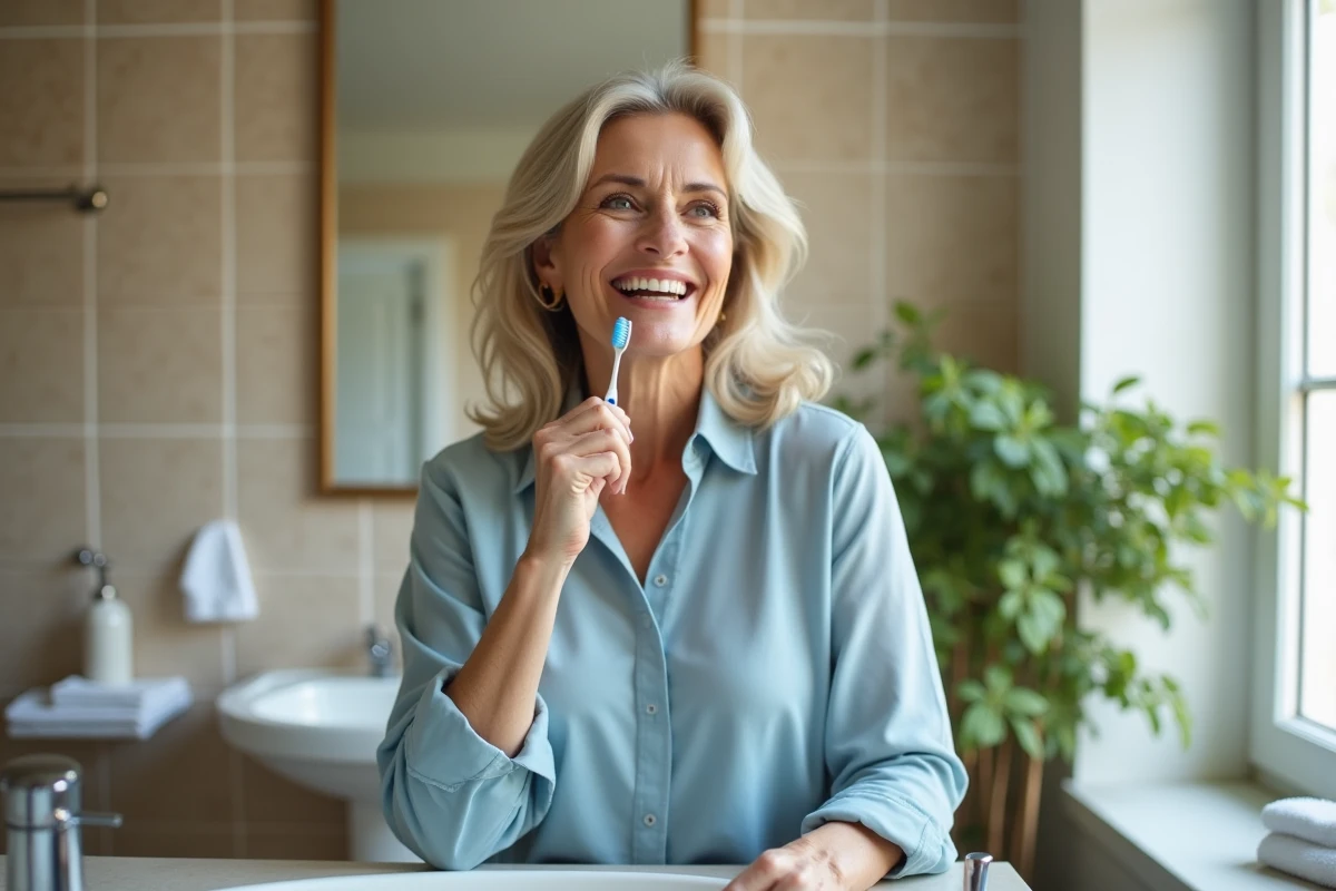 Femme d'âge moyen se brossant les dents dans la salle de bain
