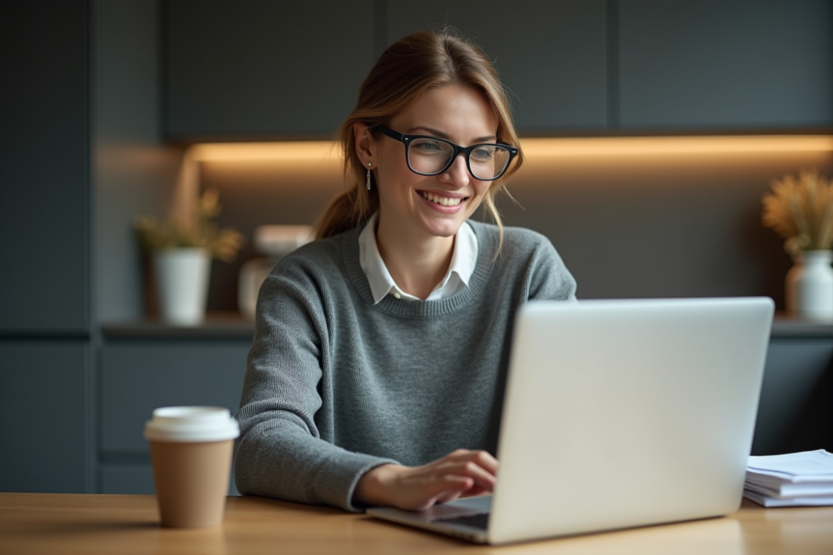 Femme au bureau cuisine avec ordinateur et tasse