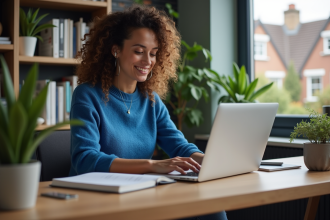 Femme assise à son bureau à domicile en train de travailler