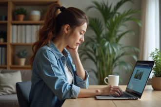 Femme assise à son bureau avec ordinateur portable