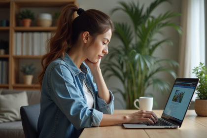 Femme assise à son bureau avec ordinateur portable
