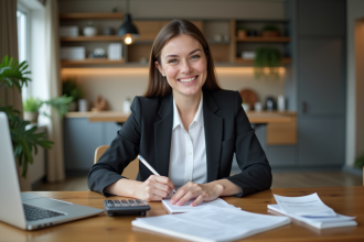 Femme concentrée travaillant à son bureau à domicile