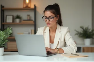 Femme élégante consultant un site lifestyle référence sur son ordinateur portable dans un bureau minimaliste moderne