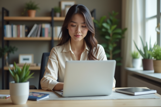 Jeune femme professionnelle utilisant un ordinateur dans un bureau moderne