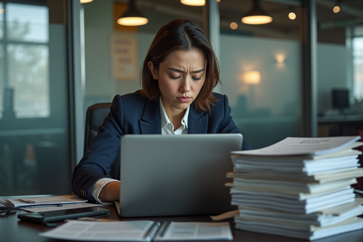 Jeune femme au bureau fatiguée et stressée