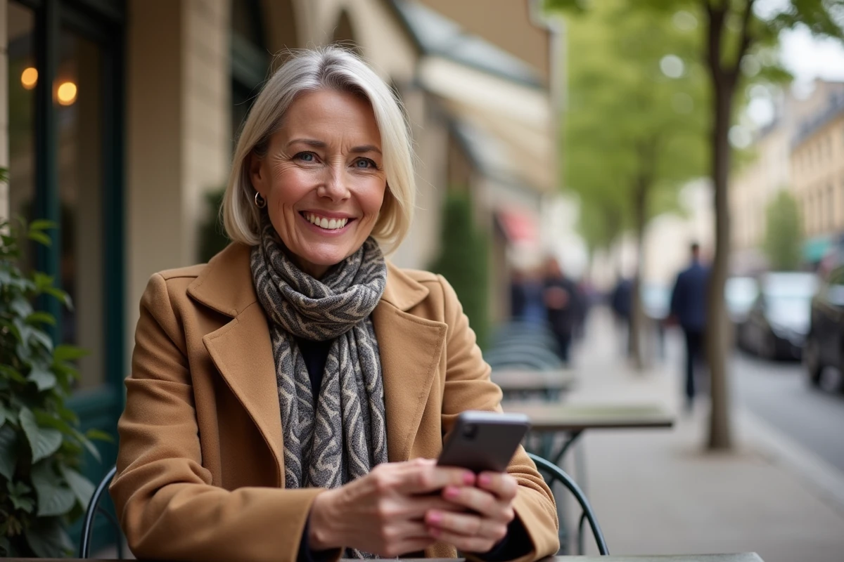 Femme lisant son smartphone dans un café bordelais