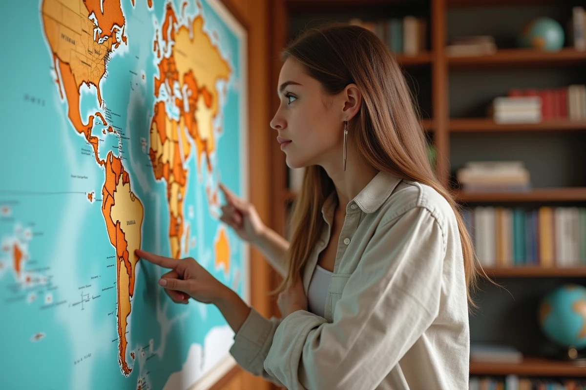 Femme indiquant l'Amérique du Sud sur une carte murale des pays hispanophones