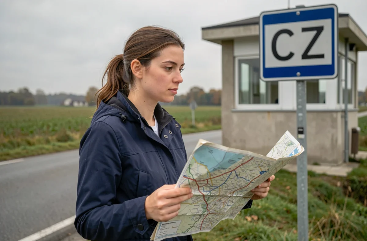 Femme consultant une carte routière près d'un panneau de frontière avec le code CZ de la République tchèque