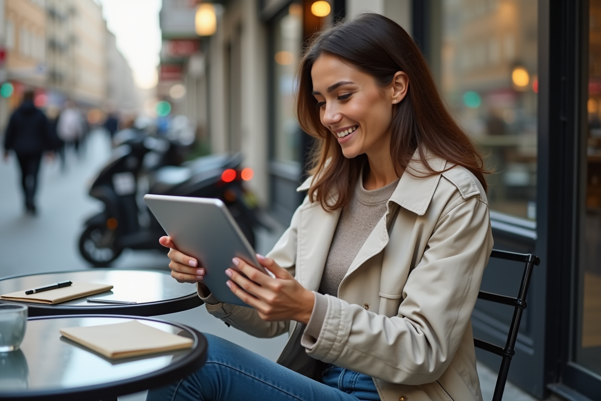 Femme regardant un listing de quad dans un café en ville