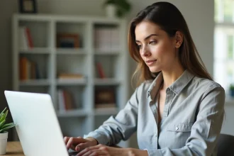 Femme utilisant un convertisseur pieds en centimètres sur un ordinateur portable dans un bureau à domicile moderne