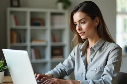 Femme utilisant un convertisseur pieds en centimètres sur un ordinateur portable dans un bureau à domicile moderne