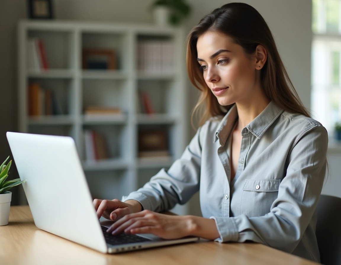 Femme utilisant un convertisseur pieds en centimètres sur un ordinateur portable dans un bureau à domicile moderne