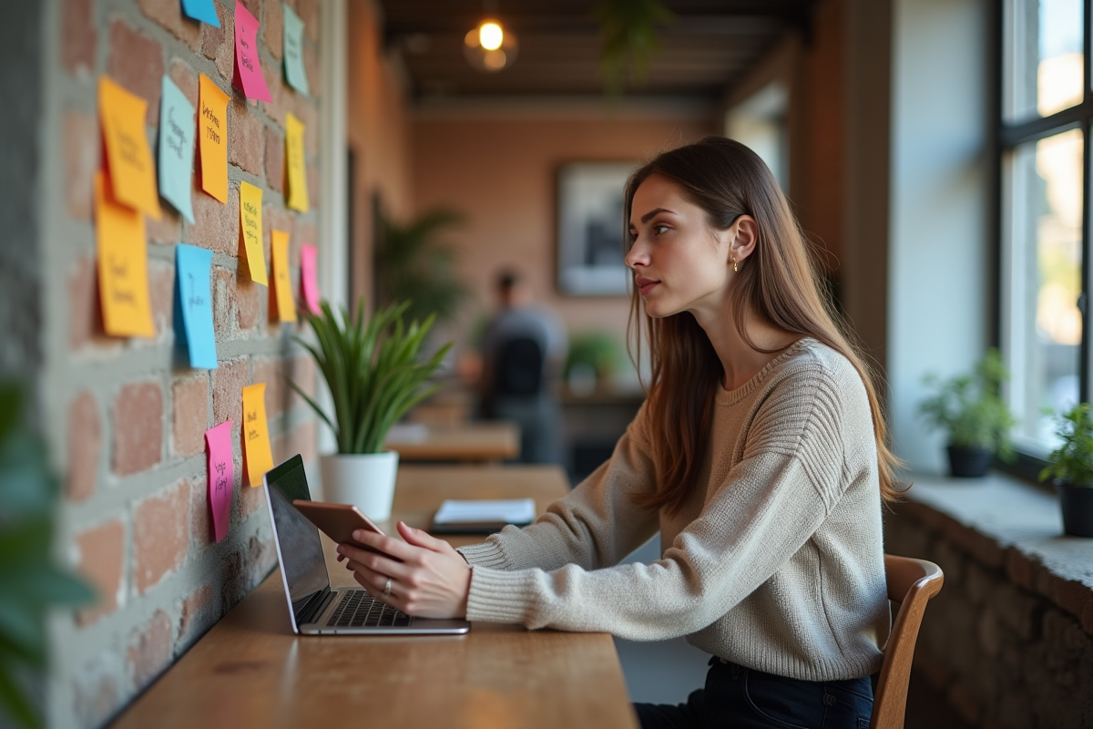 Femme créative examinant des notes colorées dans un espace ouvert