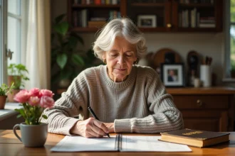 Femme d'âge moyen résolvant un mots croisés à la maison