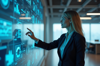 Femme d'affaires utilisant un mur digital interactif dans un bureau moderne