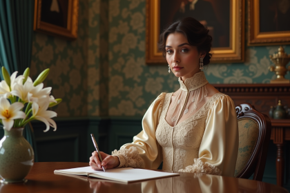 Femme élégante en robe Edwardian assise à un bureau